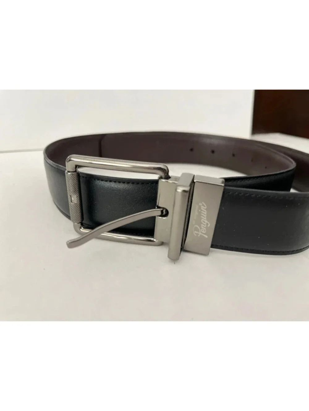 Penguin Black/Brown Leather Belt Dress Silver Buckle Men's 32/80
